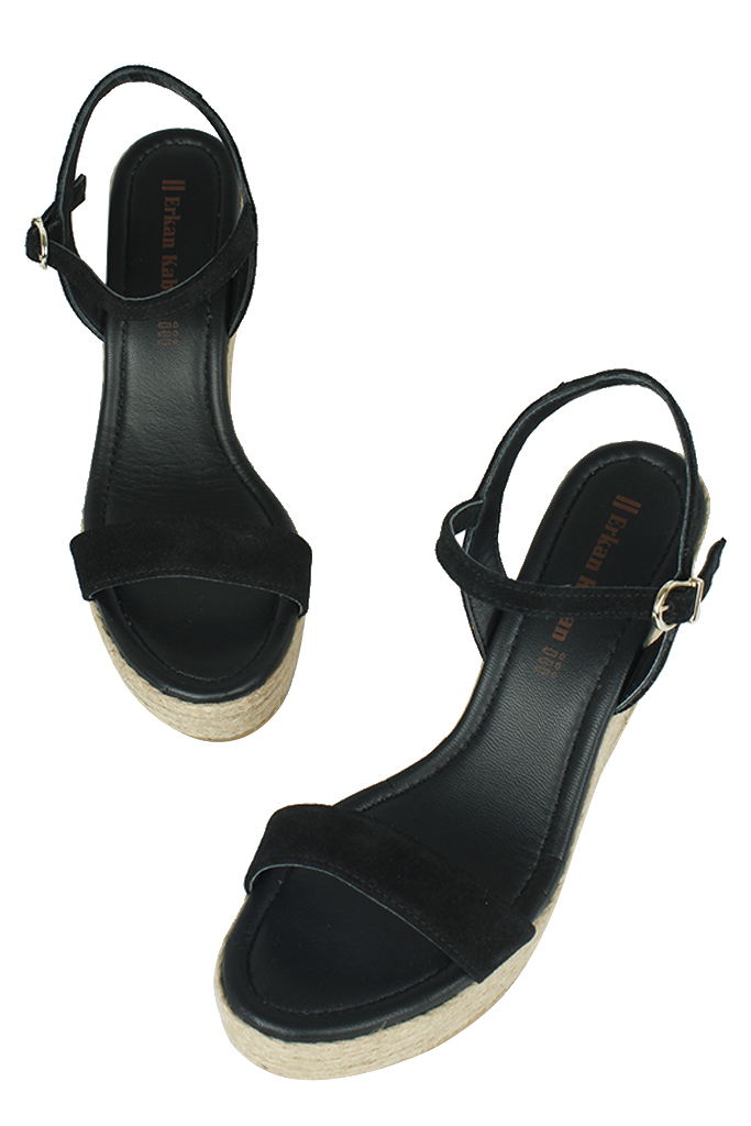 Fitbas 6662 008 Kadın Siyah Süet Dolgu Topuk Büyük & Küçük Numara Sandalet